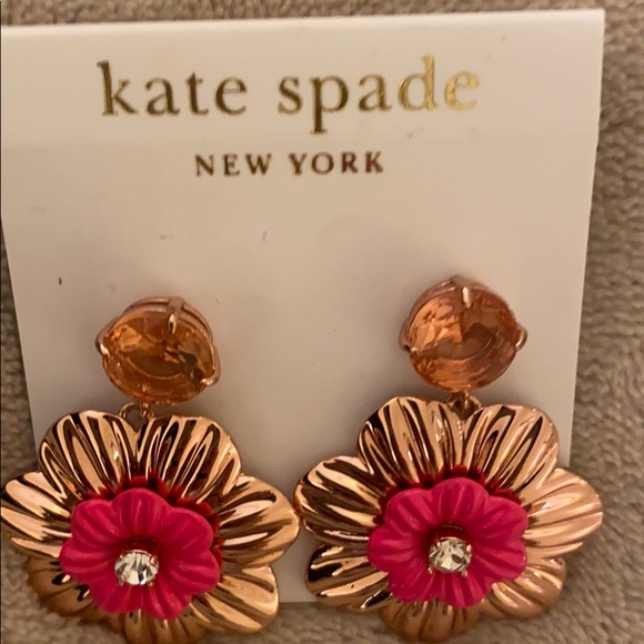 New Gold & Pink Kate Spade Dangle Flower Earrings - Picture 4 of 6